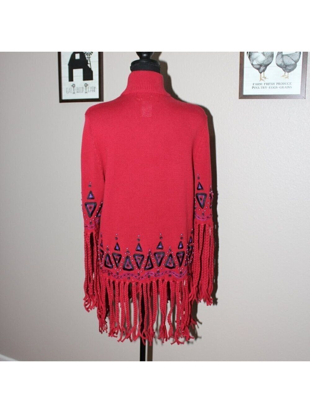 Bob Mackie Wearable Art Womens Pink Sweater Zip Fringe Embroidered Size Medium - Picture 3 of 11